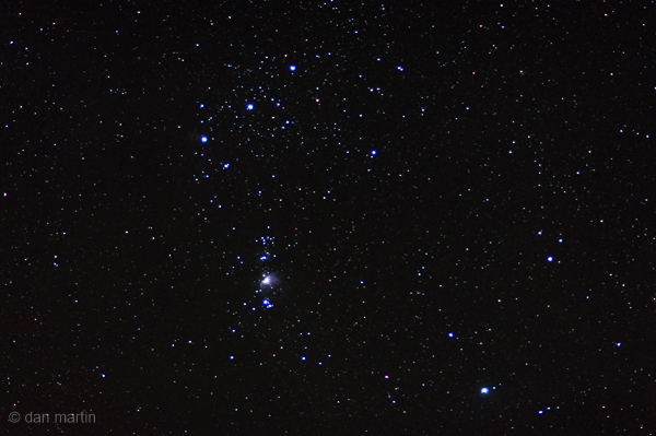A simple photo; 5 seconds: Looking up at the expanse above. What wonders beholden, Orion and his belt. You can quite clearly make out M42 nebula. Nikon d90 | 85mm 1.8 | ISO 640 | 5 sec  