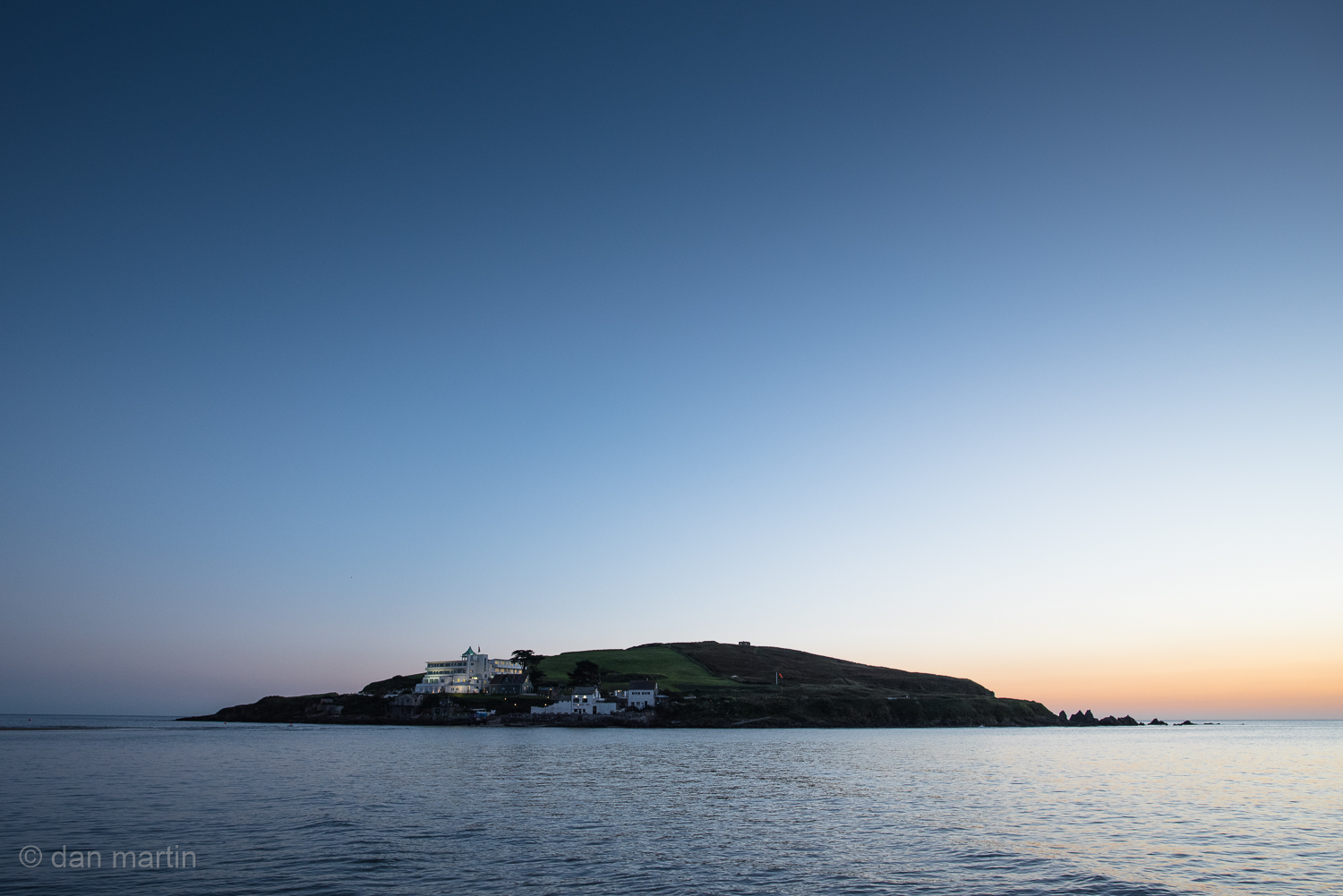 Burgh Island Hotel against the remnants of the sunset