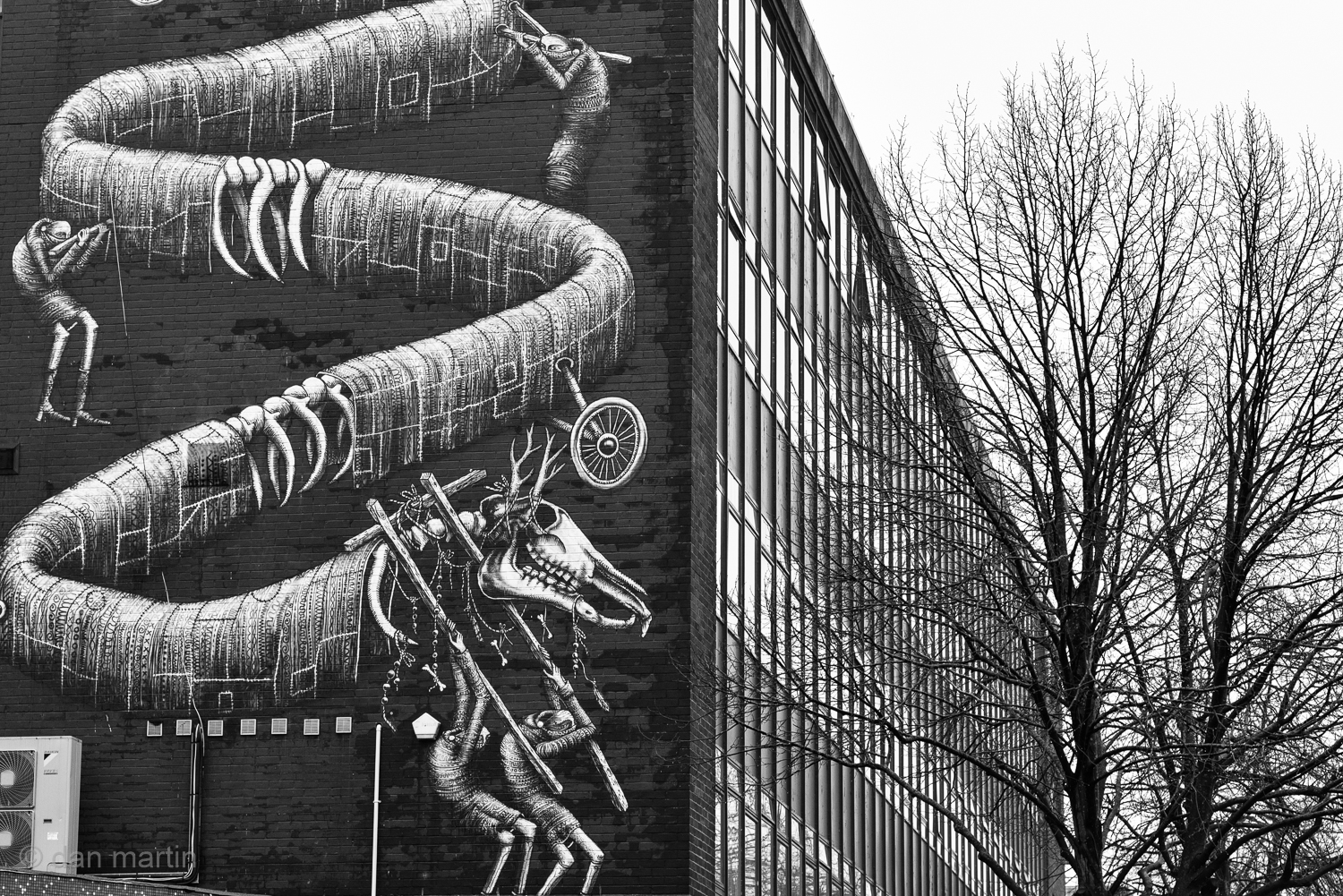 Wall Mural against a dull overcast sky. 