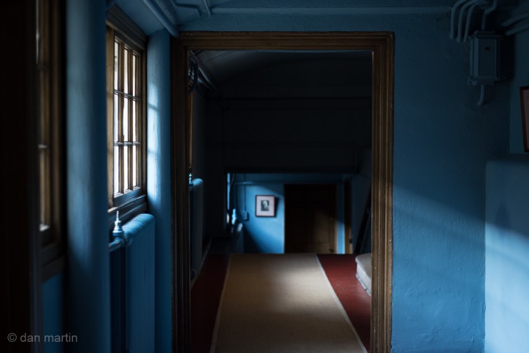 Lovely blue corridor. Light illuminating.