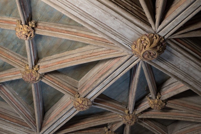 The carved timber ceiling of 15th Century St. Donats, Wales.