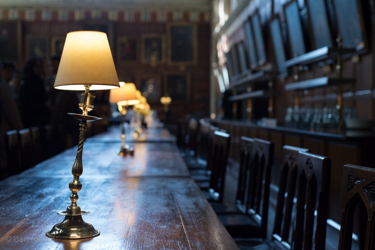 The Grand Dining Hall. Or, at least, a part of.  With a wonky lamp.