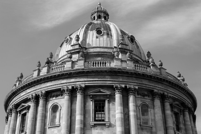 Looking up at the majestic circular shape of the Bodleian Library.